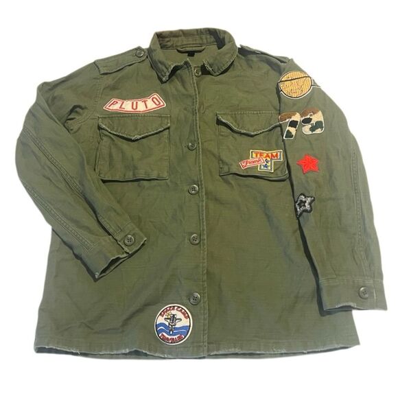 Topshop Olive Green Cotton Patches Button Front Military Jacket Size 4 - Picture 5 of 14
